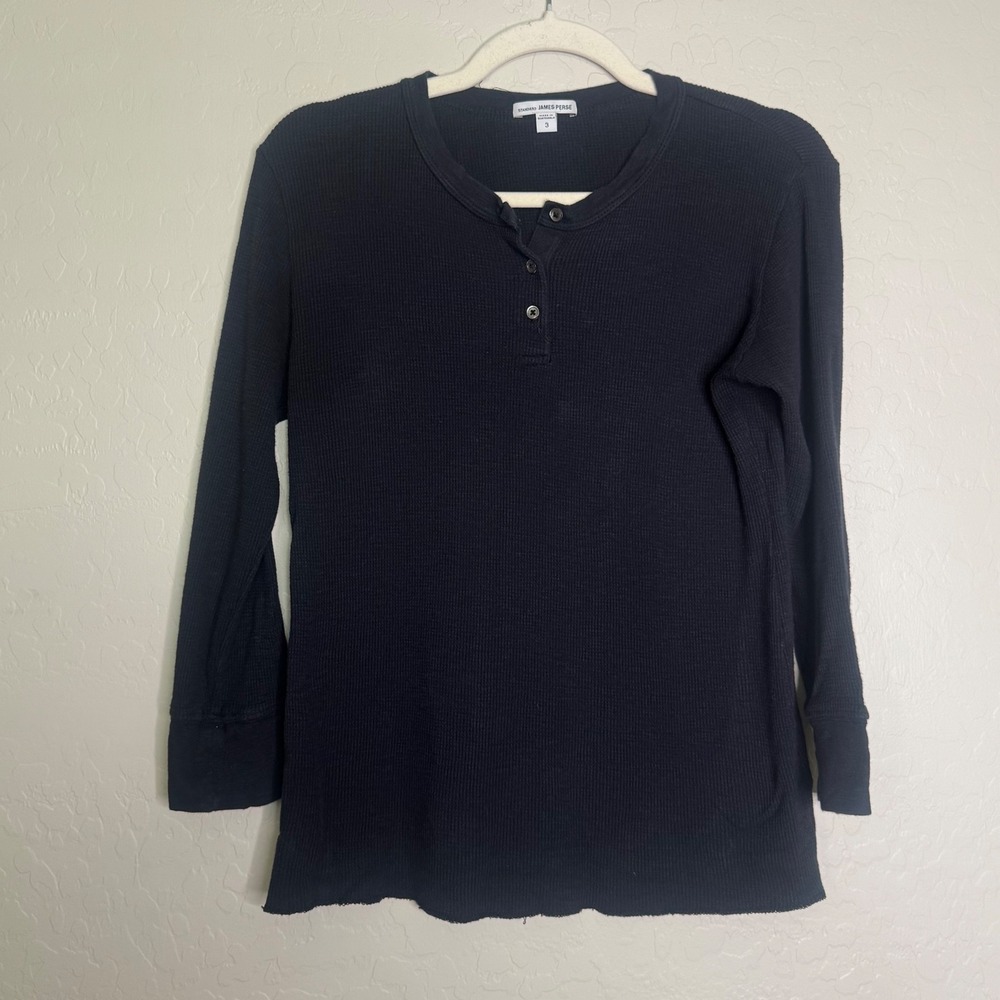 James Perse Women 100% Cotton Henley Top Large Waffle Knit Minimalist Casual